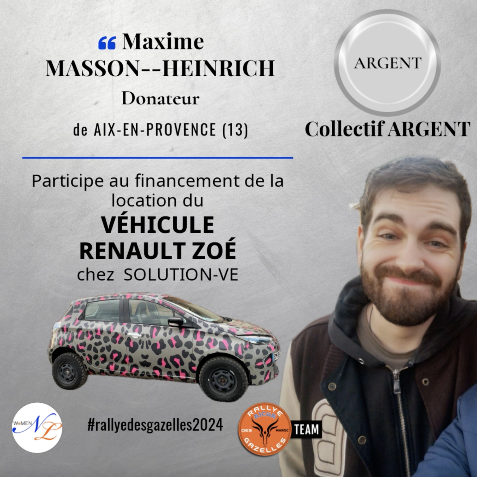 Maxime MASSON--HEINRICH participe au financement du véhicule ZOE de WoMEN NL